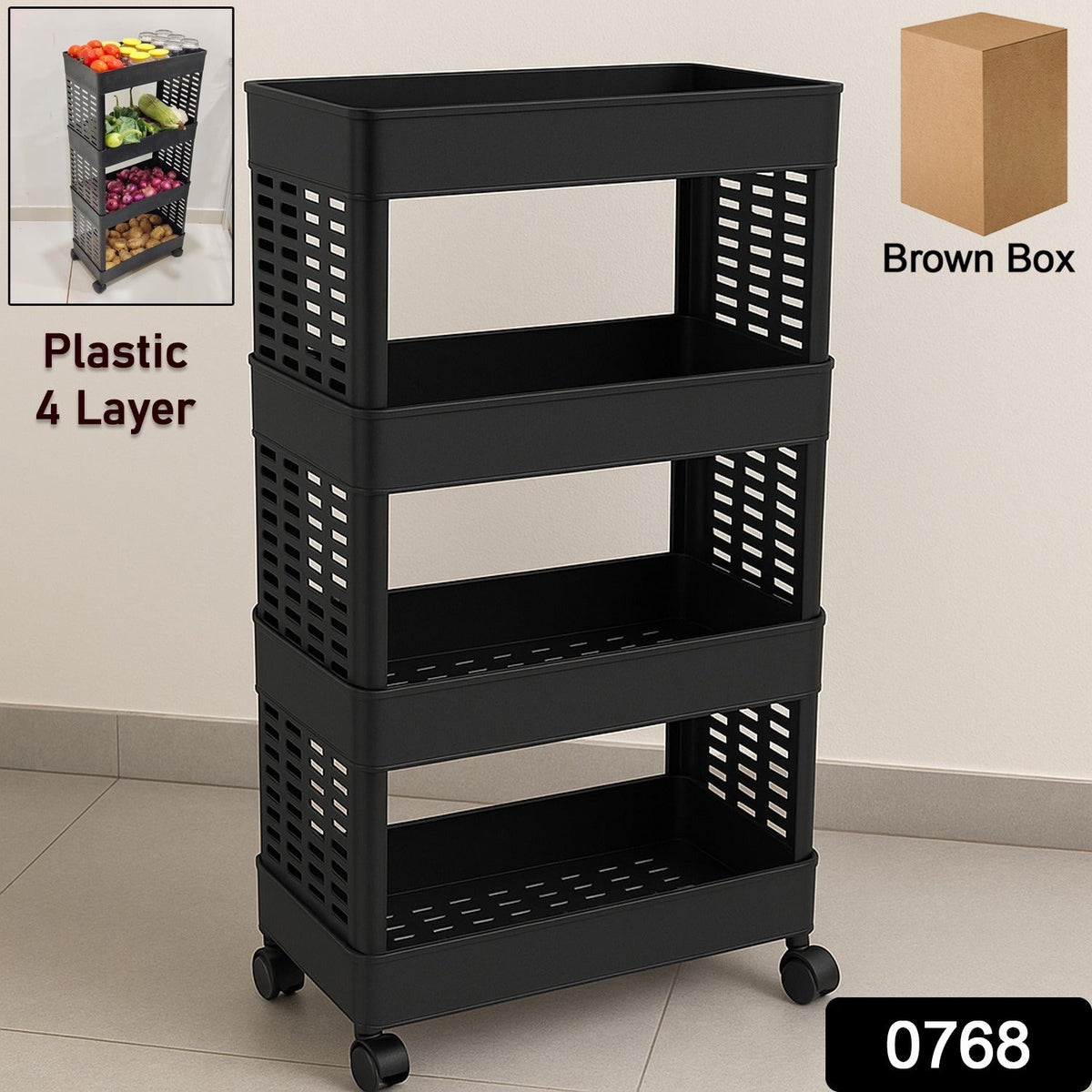 A black four-tier plastic utility trolley on wheels, with an inset showing it filled with produce, and a brown box in the