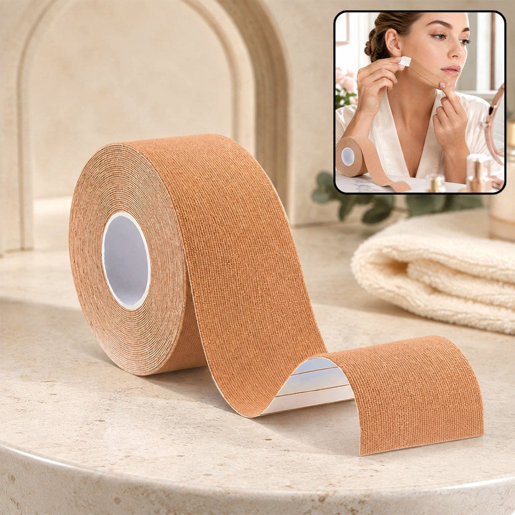 A roll of tan face lifting tape sits on a marble counter, with an inset showing a woman applying small pieces to her face.