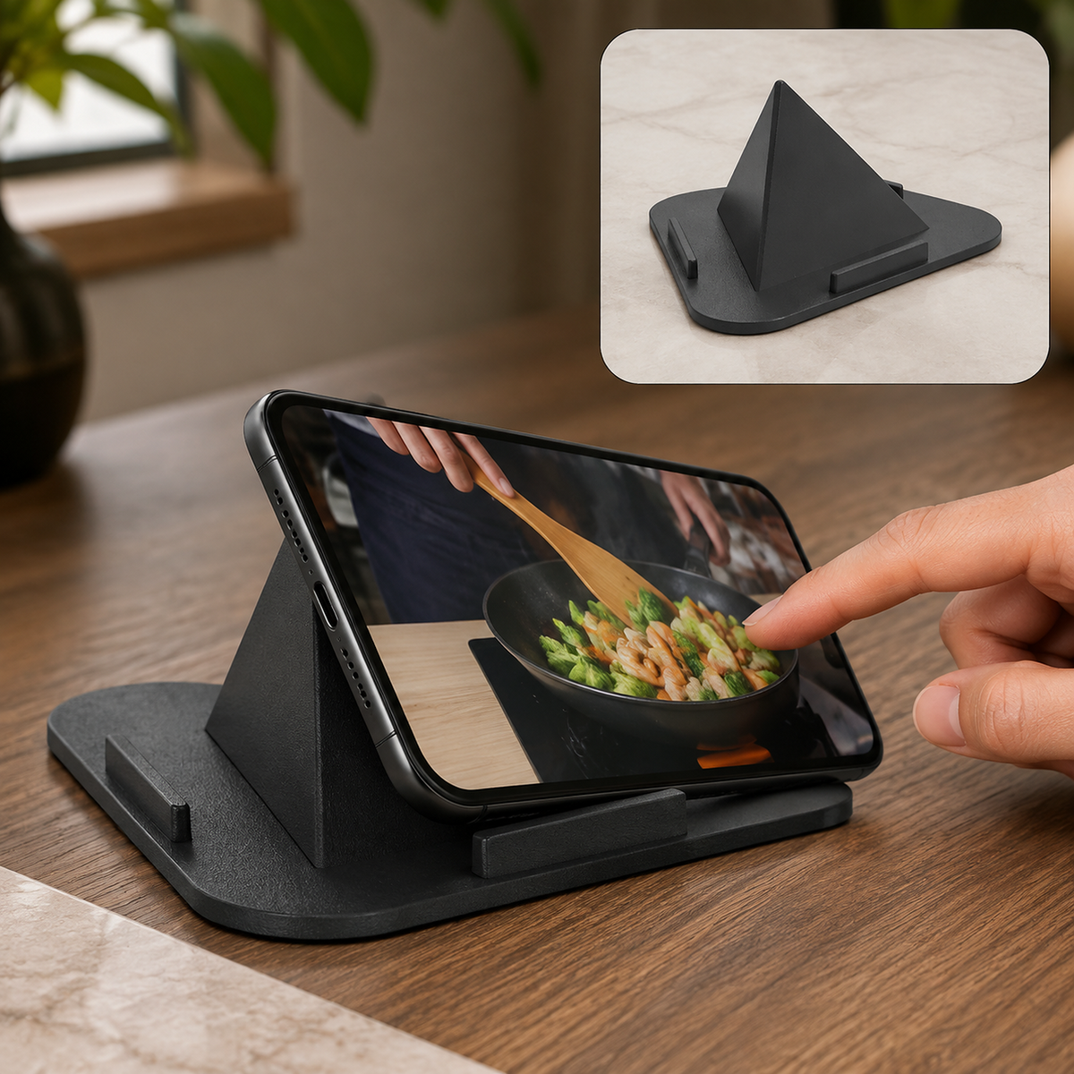 A black pyramid-shaped mobile stand holds a smartphone displaying a cooking video, with a hand touching the screen.