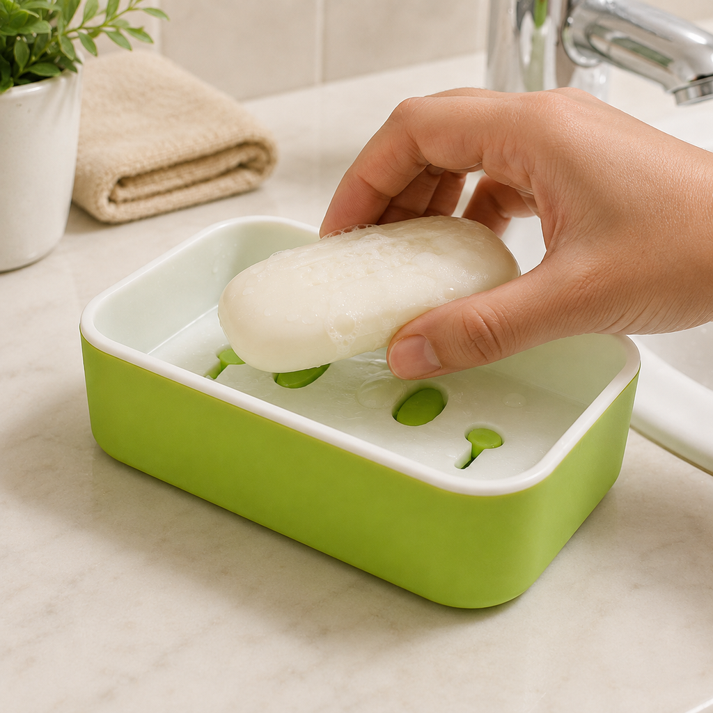 A hand places a bar of white soap into a green and white soap dish with a draining design.