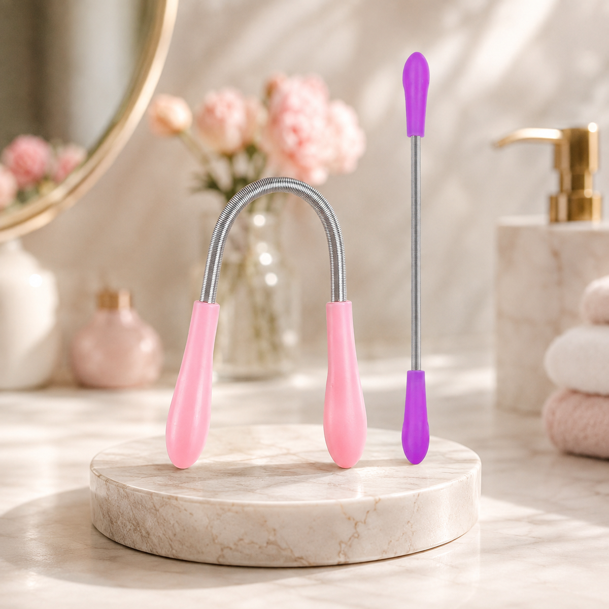 A pink and silver facial hair remover spring tool and a purple and silver facial hair remover stick on a marble stand.