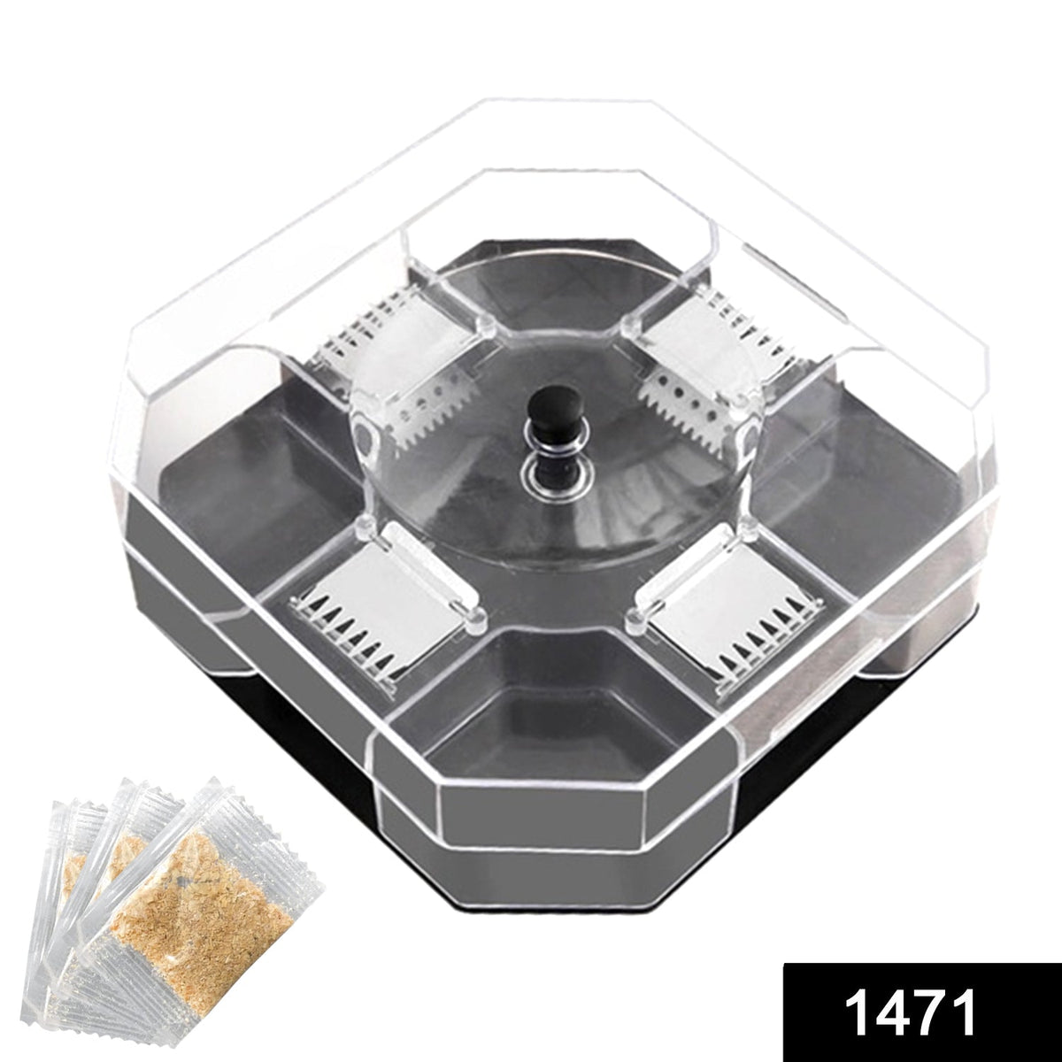 Clear octagonal cockroach trap with black base and four packets of bait powder on a white background.