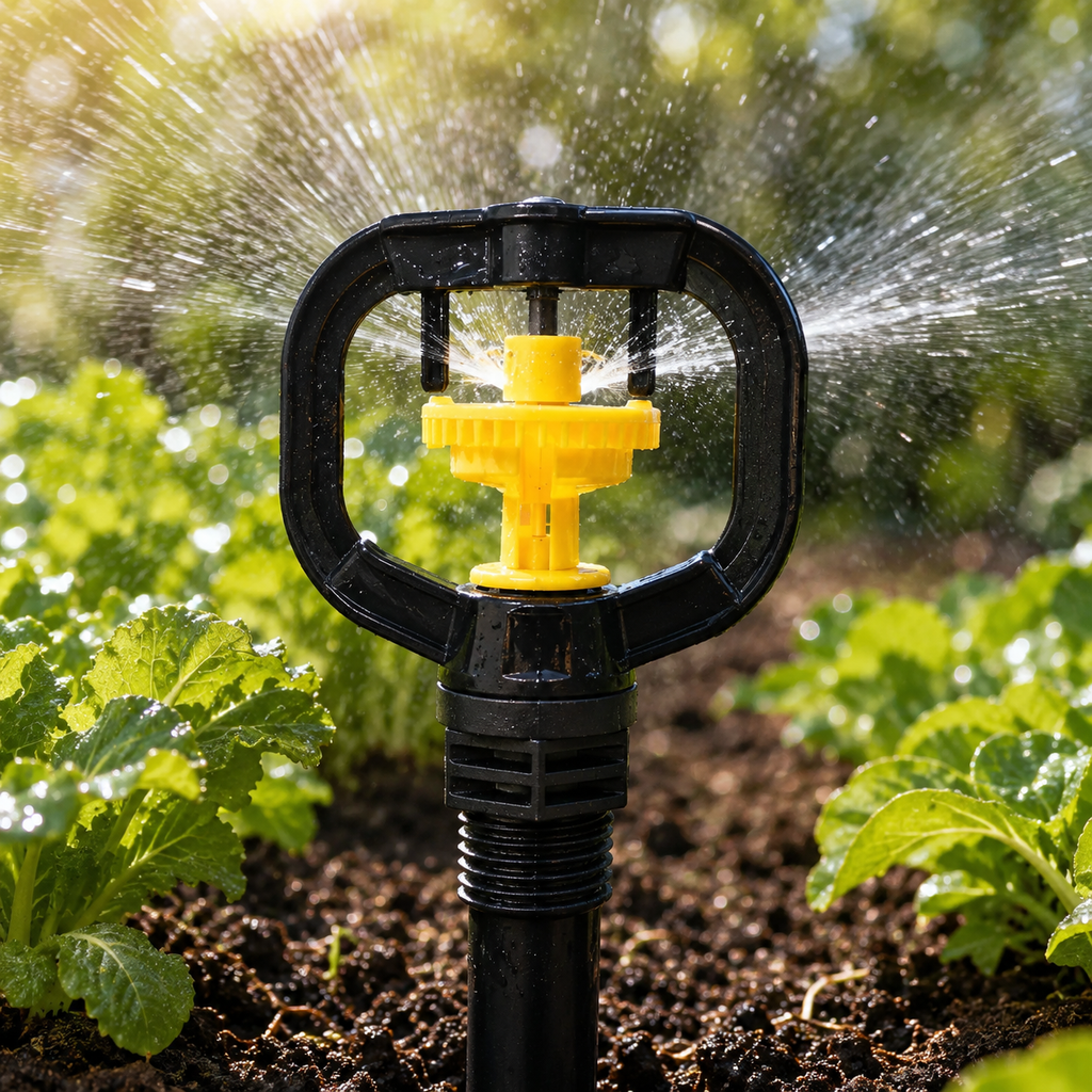 A black and yellow rotating sprinkler nozzle spraying water in a garden with green plants.