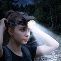 A young woman wearing a black and gold headlamp with a bright beam in a dark forest at night.