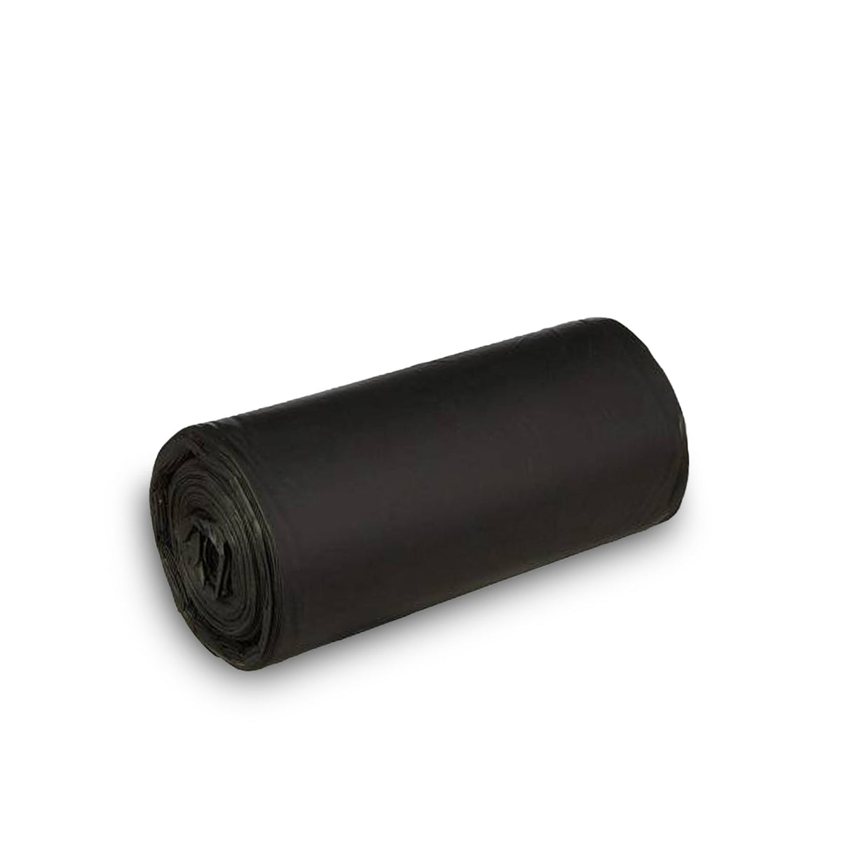 A single roll of black garbage bags, horizontally oriented, against a plain white background.