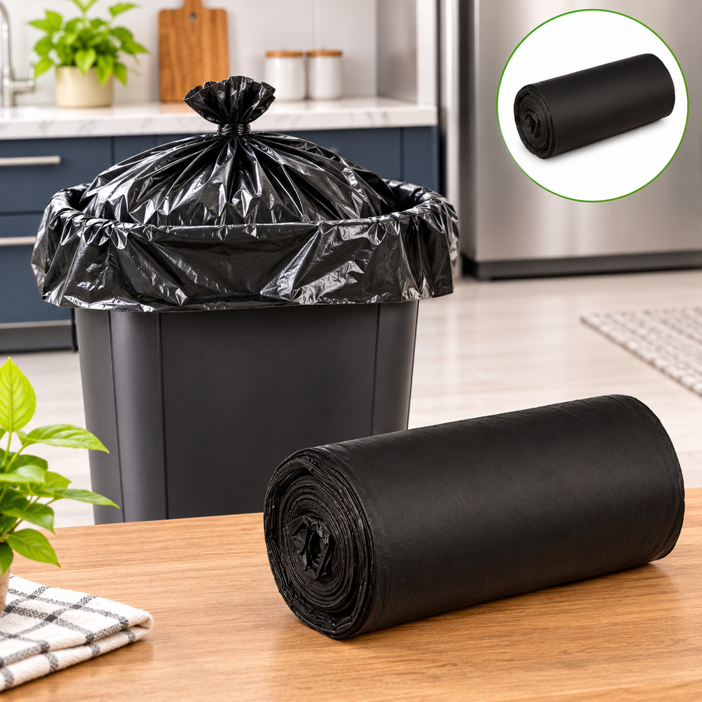 A black garbage bag tied in a knot inside a trash can, with a roll of bags on the table.