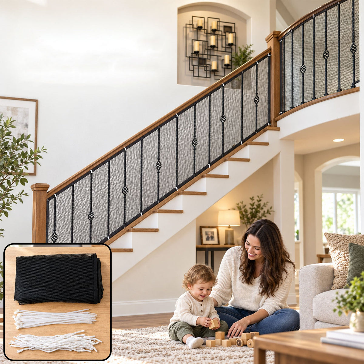 A black mesh safety net is installed on a wooden and iron staircase railing, with a woman and child playing on the rug