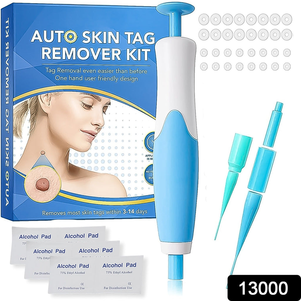 Blue and white skin tag remover kit with alcohol pads and two sizes of bands on a white background.