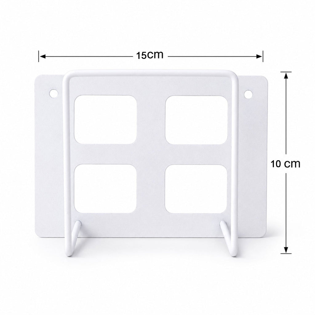A white metal router mount with four square cutouts, displaying dimensions of 15cm width and 10cm height.