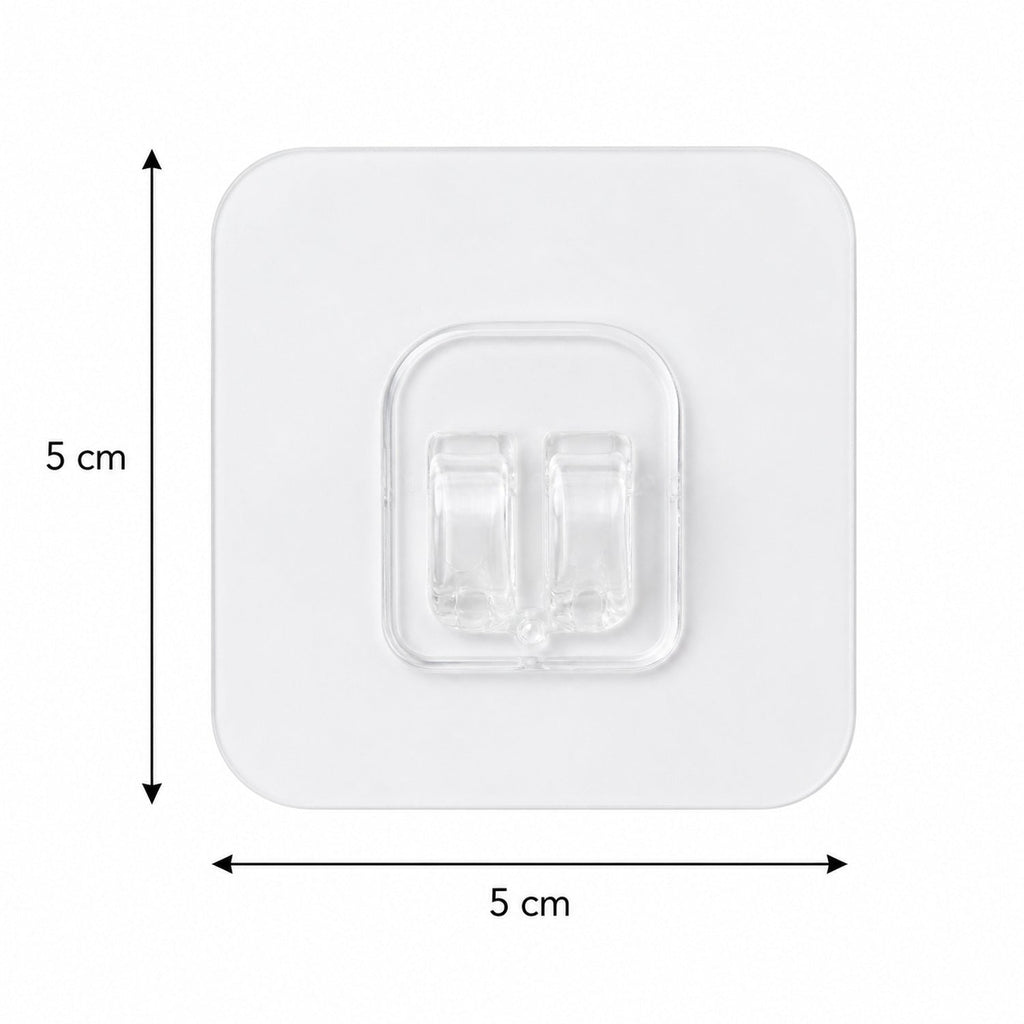 A single clear square adhesive hook with twin prongs, showing its dimensions of 5 cm by 5 cm on a white background.