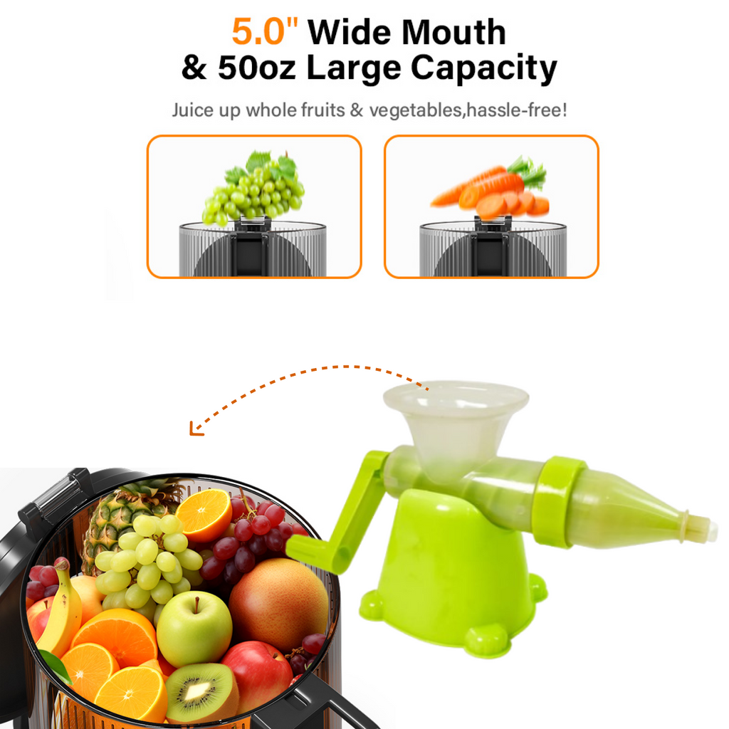 Diagram showing a large juicer with a wide mouth and 50oz capacity, with examples of grapes and carrots.