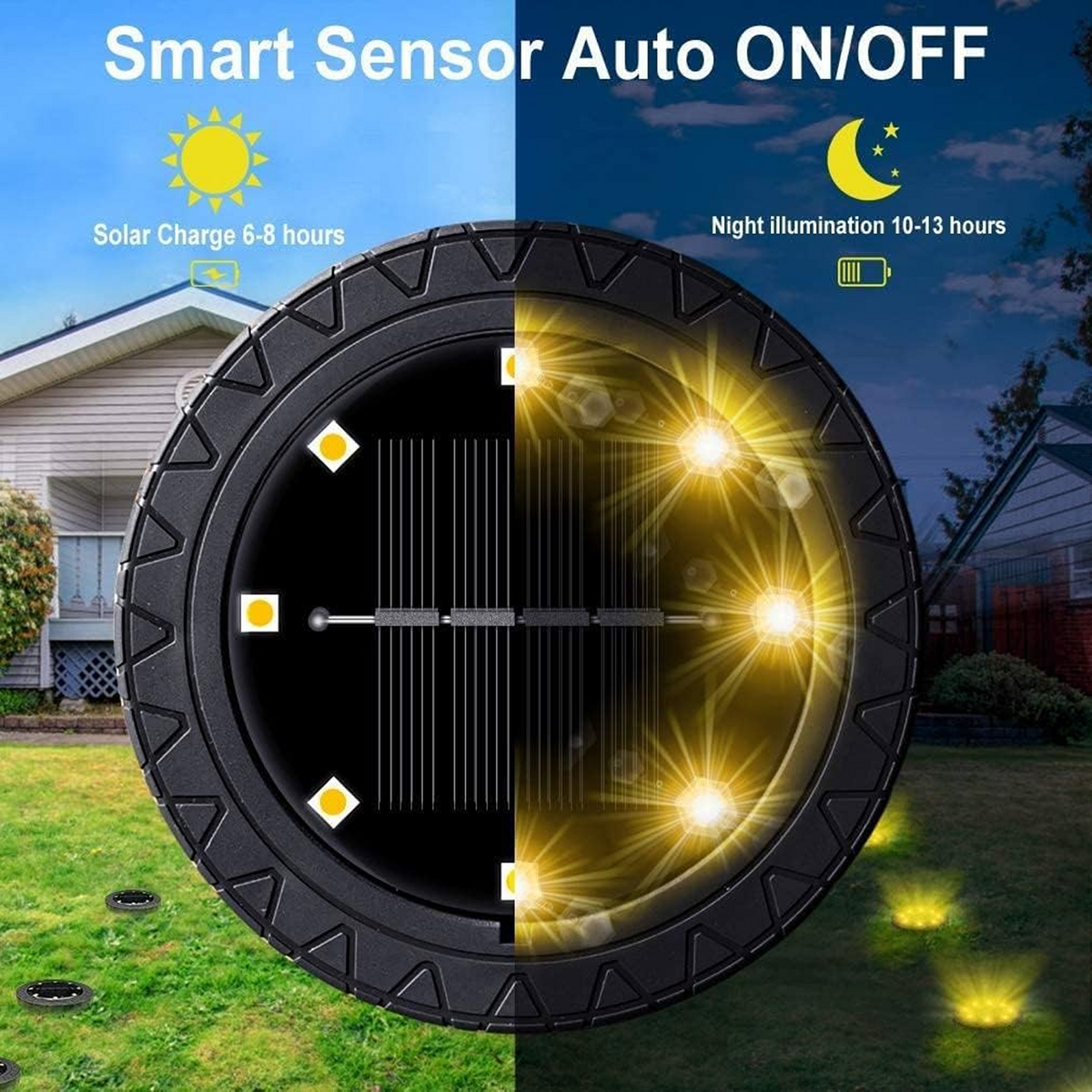 A split image showing a black solar ground light charging in sunlight on the left and illuminating a lawn at night on the