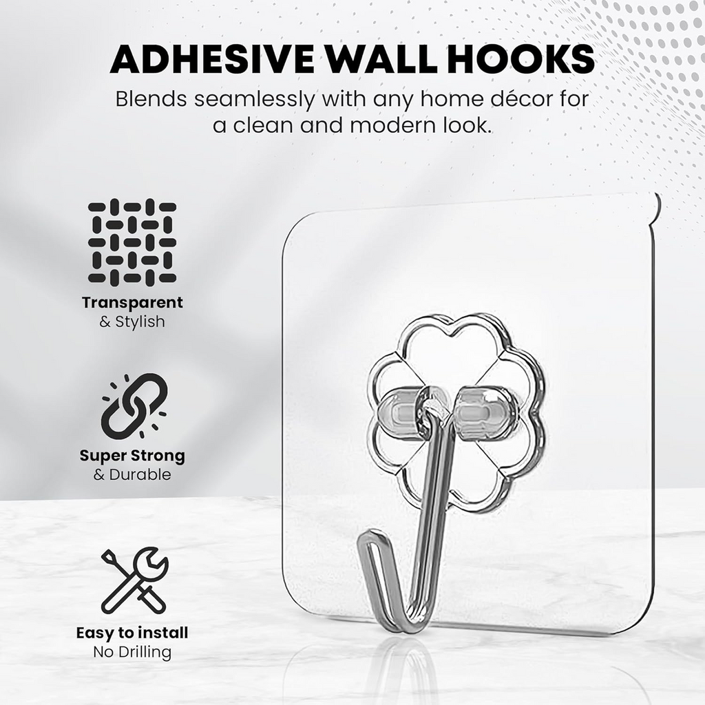 A transparent adhesive hook with a silver stainless steel hook is displayed, highlighting its clear and stylish design,