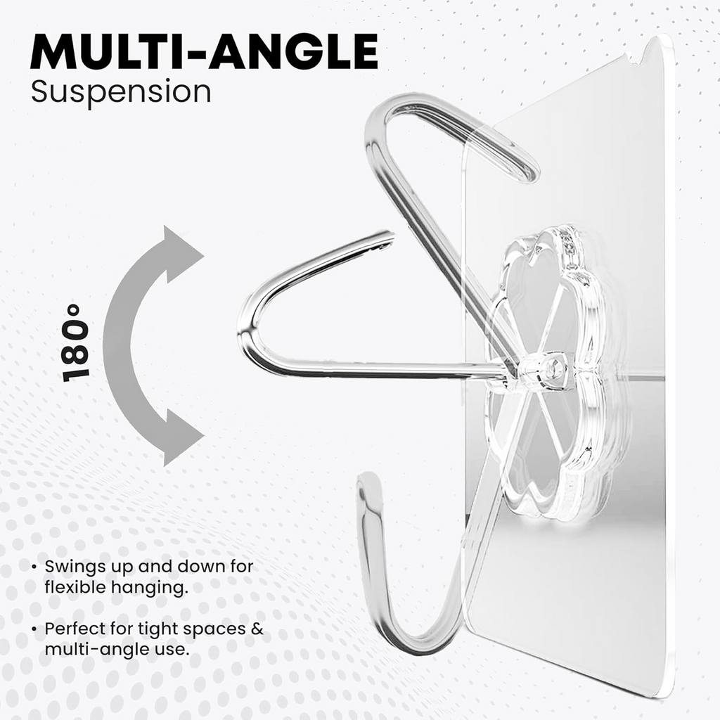 A transparent adhesive hook with a silver stainless steel hook demonstrates 180-degree multi-angle suspension, swinging up