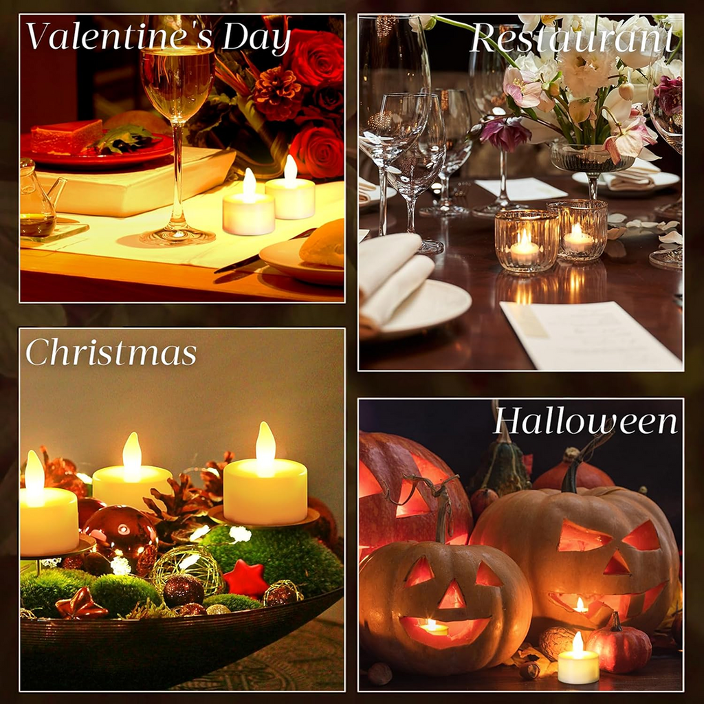 Four collage images showing white LED candles used for Valentine's Day, restaurant decor, Christmas, and Halloween.