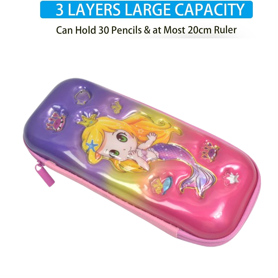 A mermaid-themed hard shell pencil case with text indicating it has 3 layers and large capacity for pencils and a ruler.