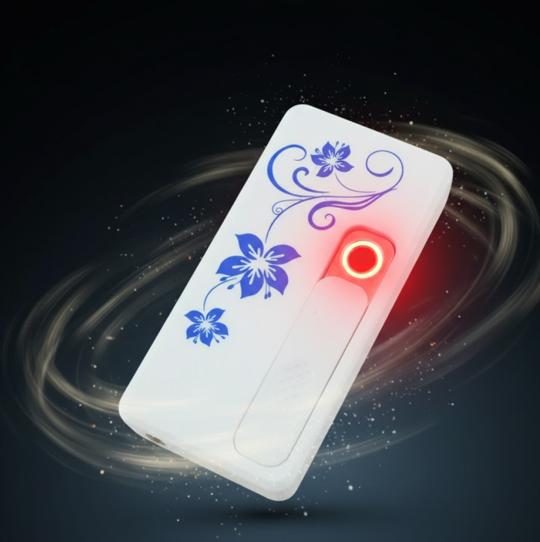 White USB lighter with blue floral pattern and a red glowing coil, surrounded by swirling light effects.