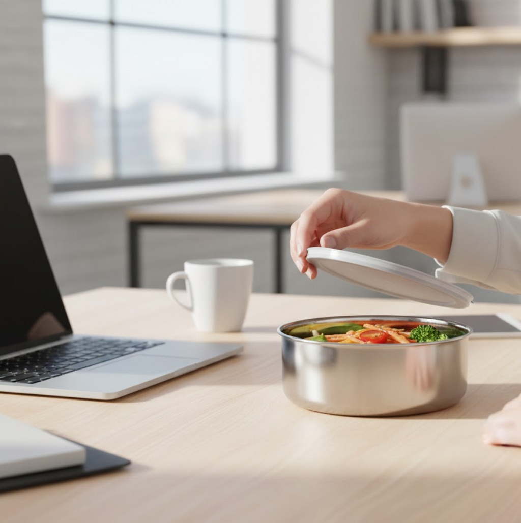 A hand opening a stainless steel food container filled with pasta on a wooden desk with a laptop and coffee cup in an office