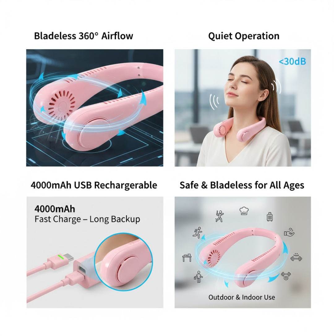 Four panels showing features: bladeless 360-degree airflow, quiet operation, 4000mAh USB rechargeable, and safe for all ages.