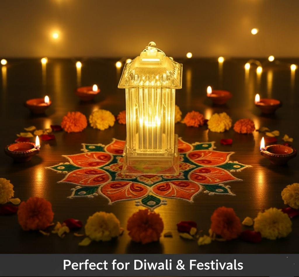A glowing LED crystal lantern lamp is the centerpiece of a festive table with marigold flowers, oil lamps, and string lights.