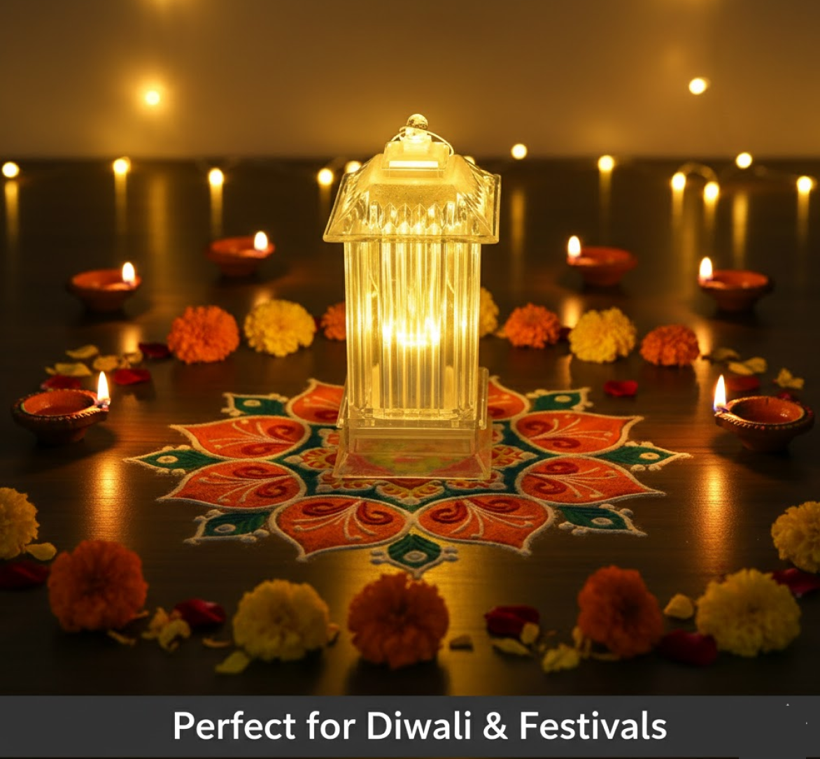 A glowing LED crystal lantern lamp is the centerpiece of a festive table with marigold flowers, oil lamps, and string lights.