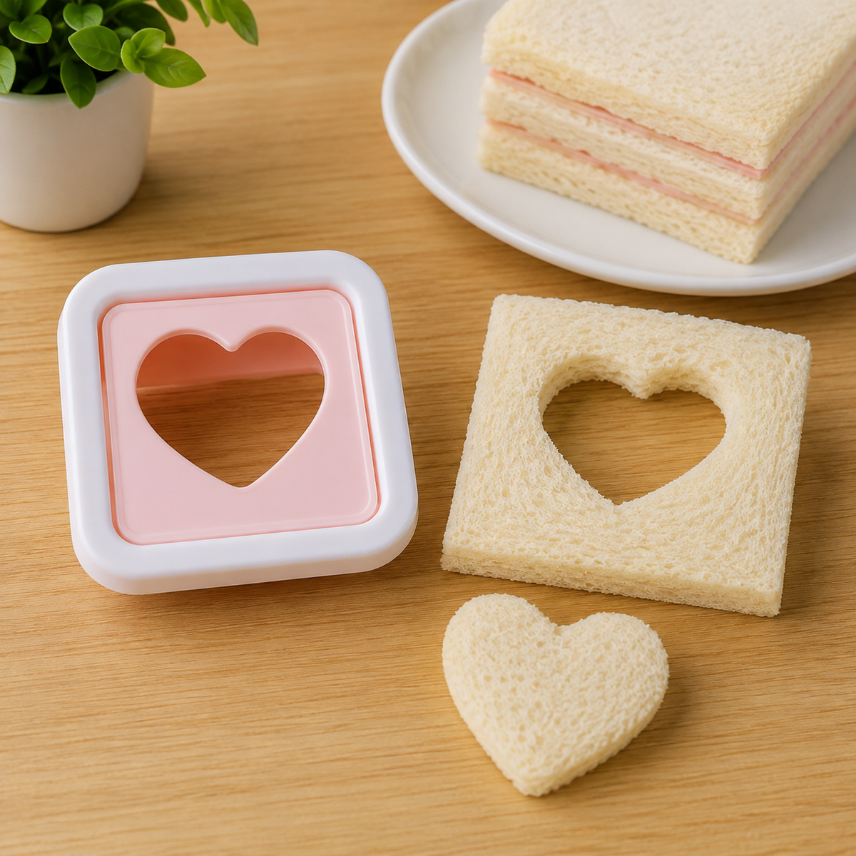 Pink and white heart-shaped sandwich cutter with a heart cut-out of bread and a full sandwich.