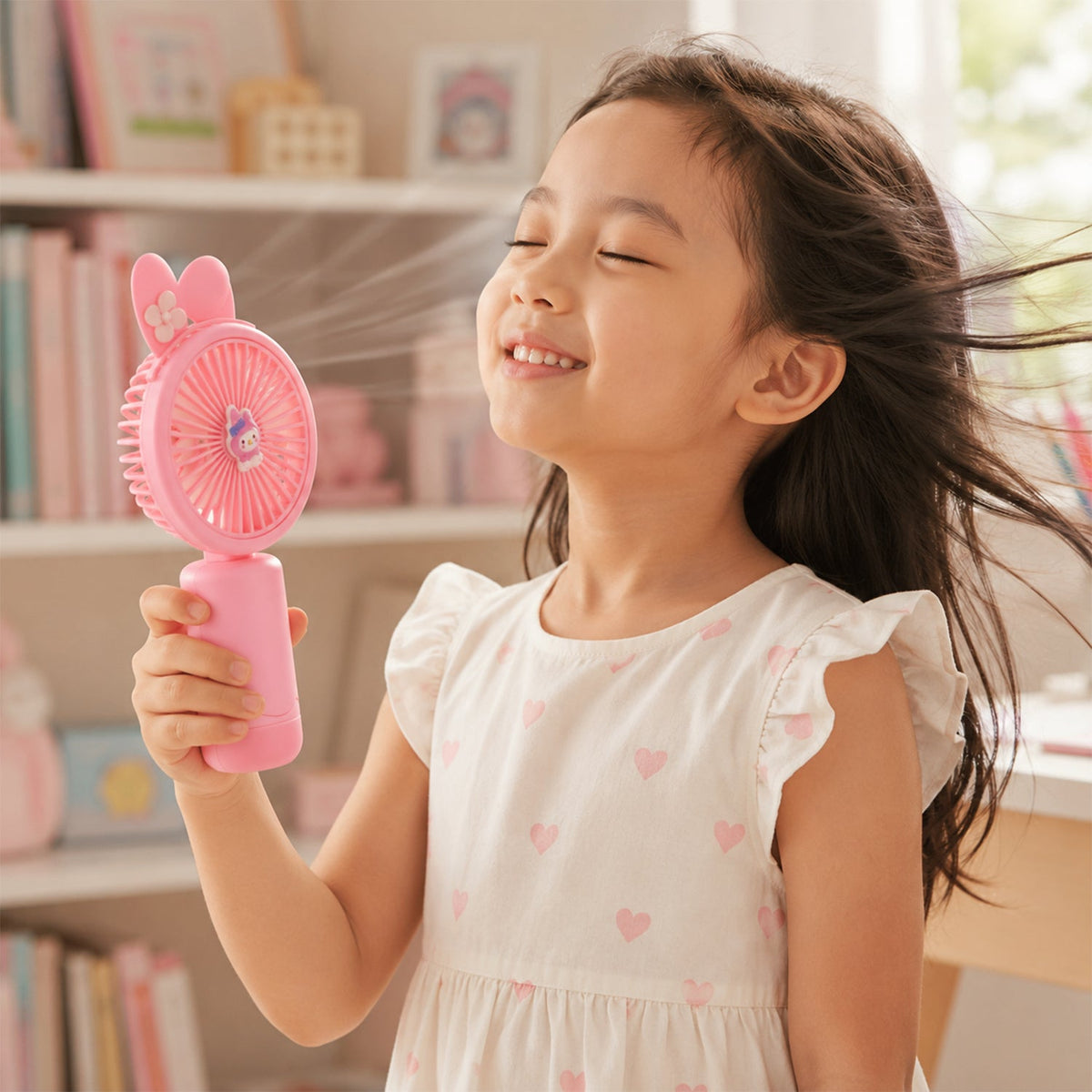 A pink bunny ear mini handheld fan with its stand and a white USB cable are displayed next to its retail box on a wooden