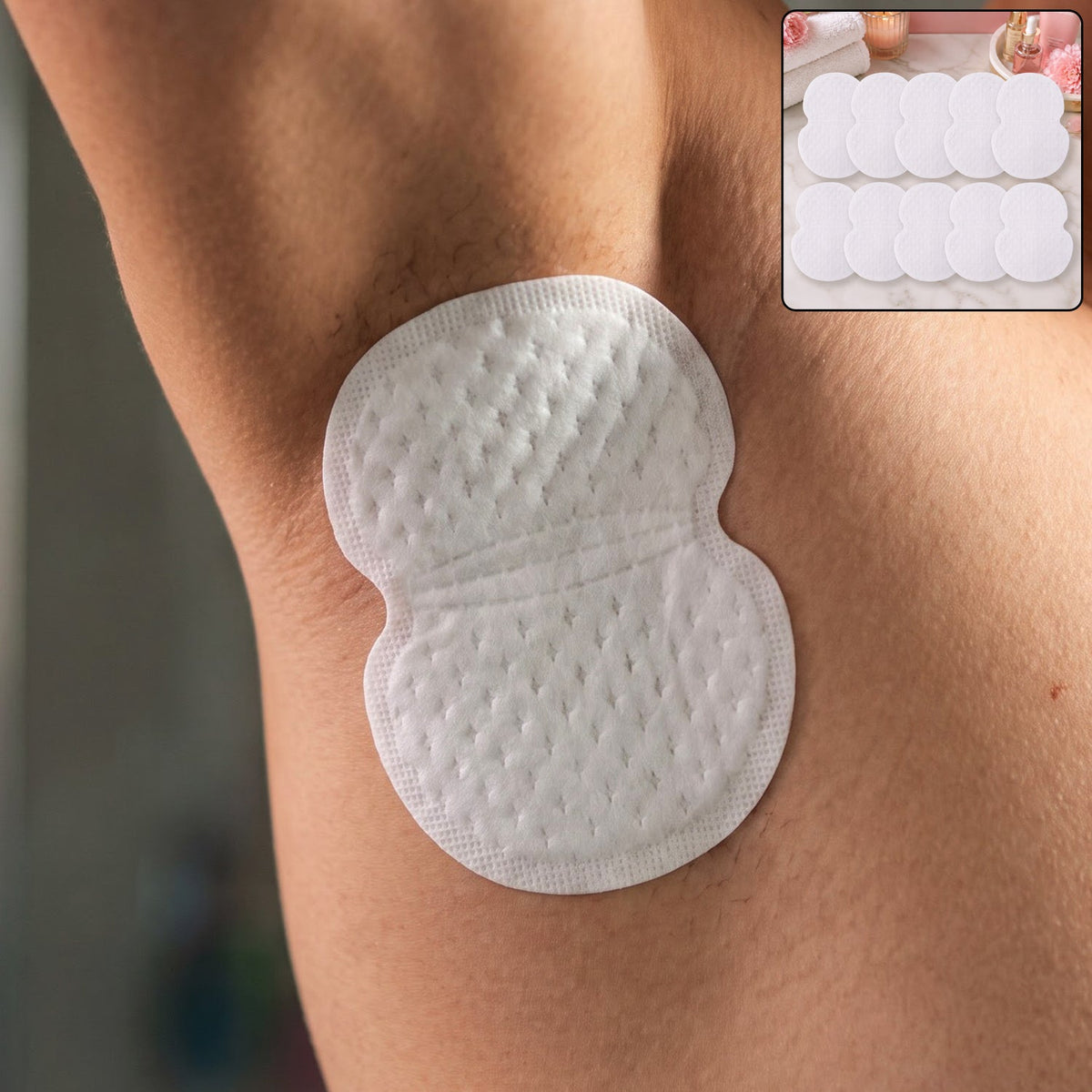 A white, hourglass-shaped sweat pad adhered to a person's bare armpit, with a small inset showing 10 pads.