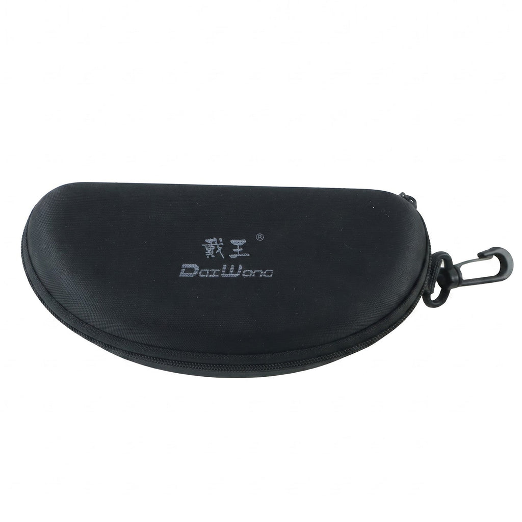 Closed black hard shell sunglasses case with a white logo and clip, against a plain white background.