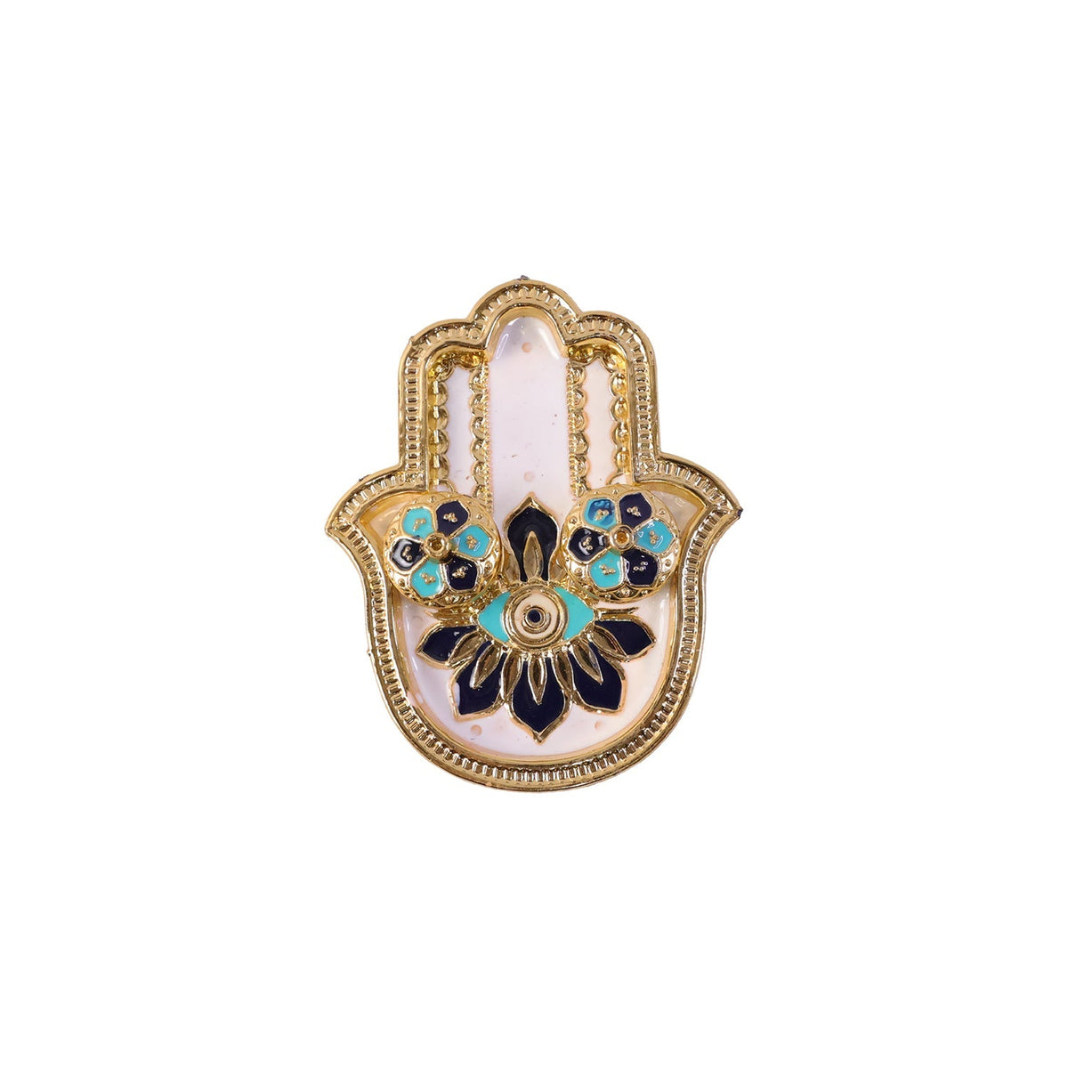 Golden hamsa hand thali featuring intricate blue, black, and turquoise enamel floral patterns on white.