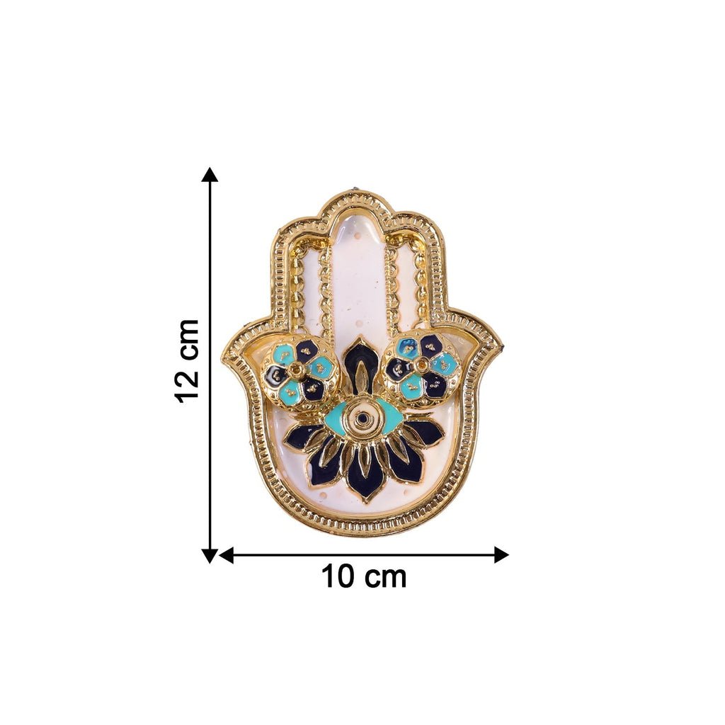 Golden hamsa hand thali with blue and black enamel, showing dimensions of 12 cm height and 10 cm width.