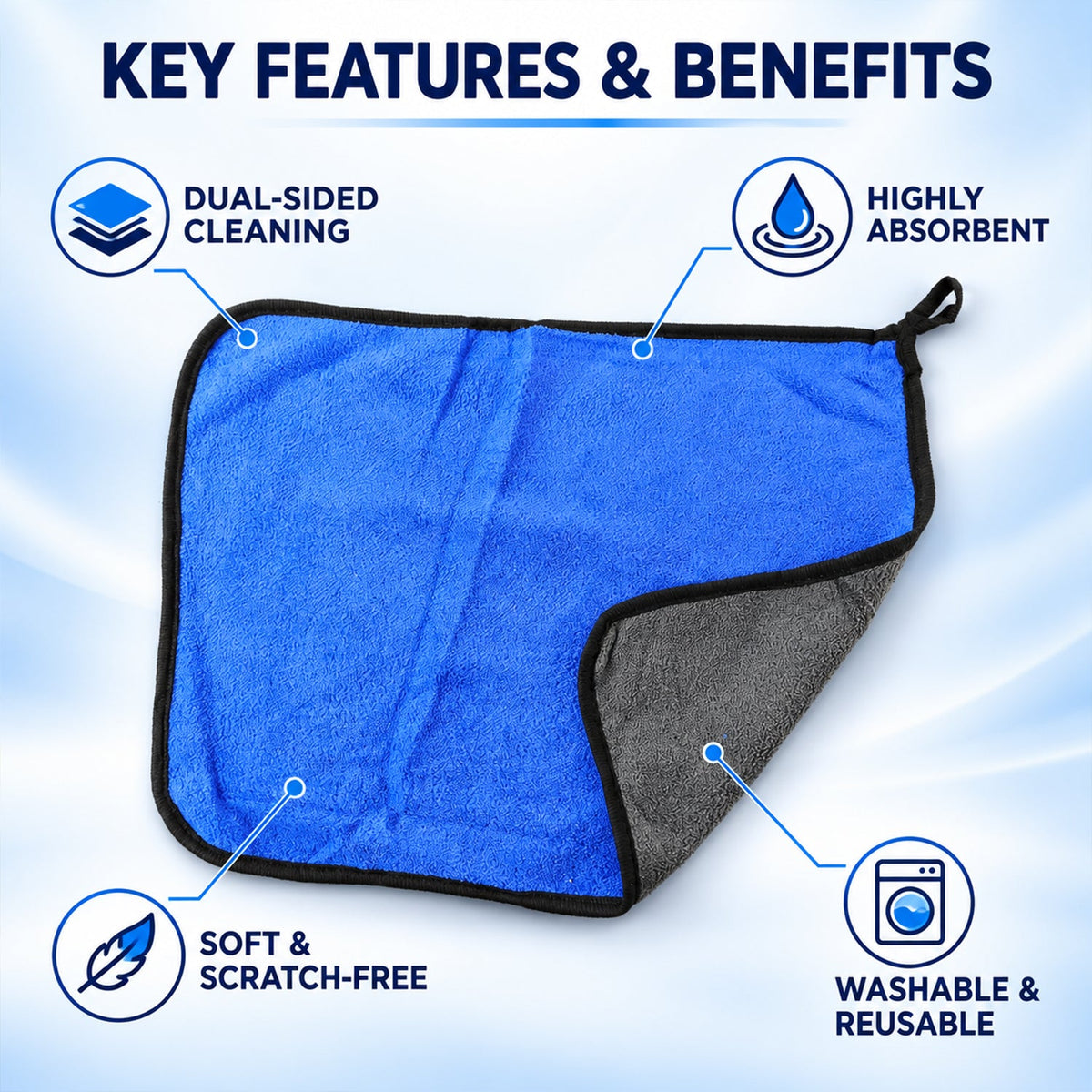 A blue and gray microfiber cleaning cloth with text highlighting its dual-sided, absorbent, soft, scratch-free, washable,