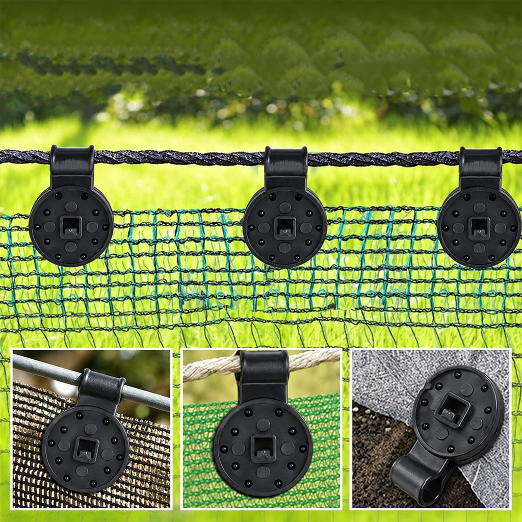 Three black plastic clips securing a green mesh shade cloth to a wire, with three insets showing different attachment