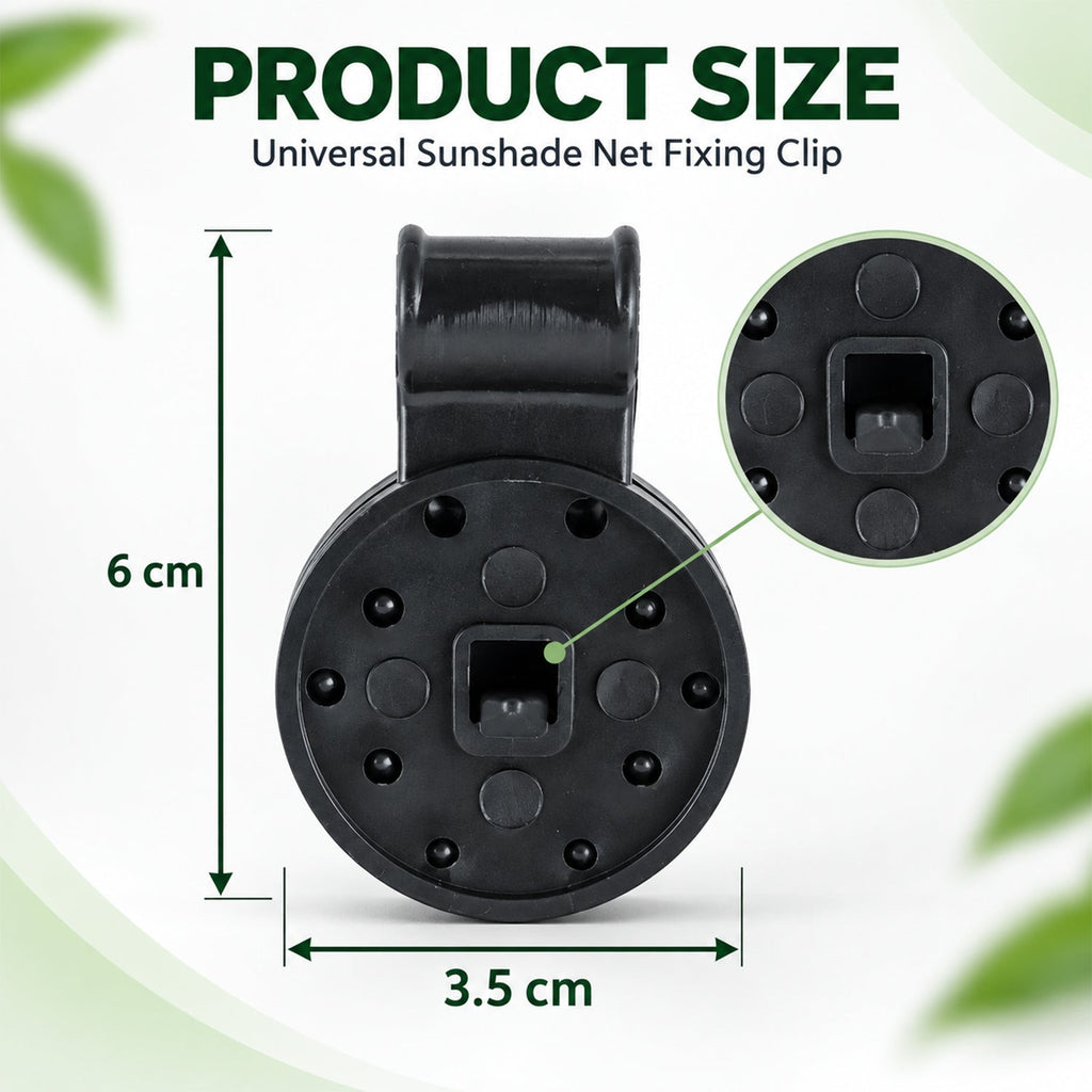 A single black plastic shade cloth clip with dimensions of 6 cm length and 3.5 cm width displayed.