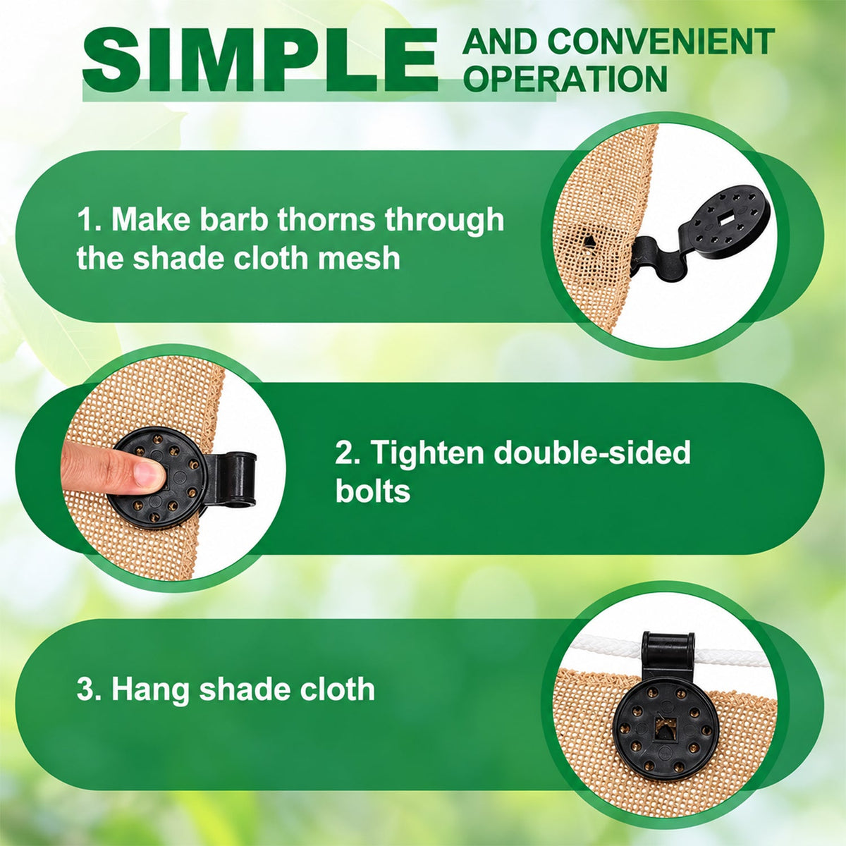 An instructional graphic showing three steps for using the black plastic shade cloth clips on a burlap-like fabric.