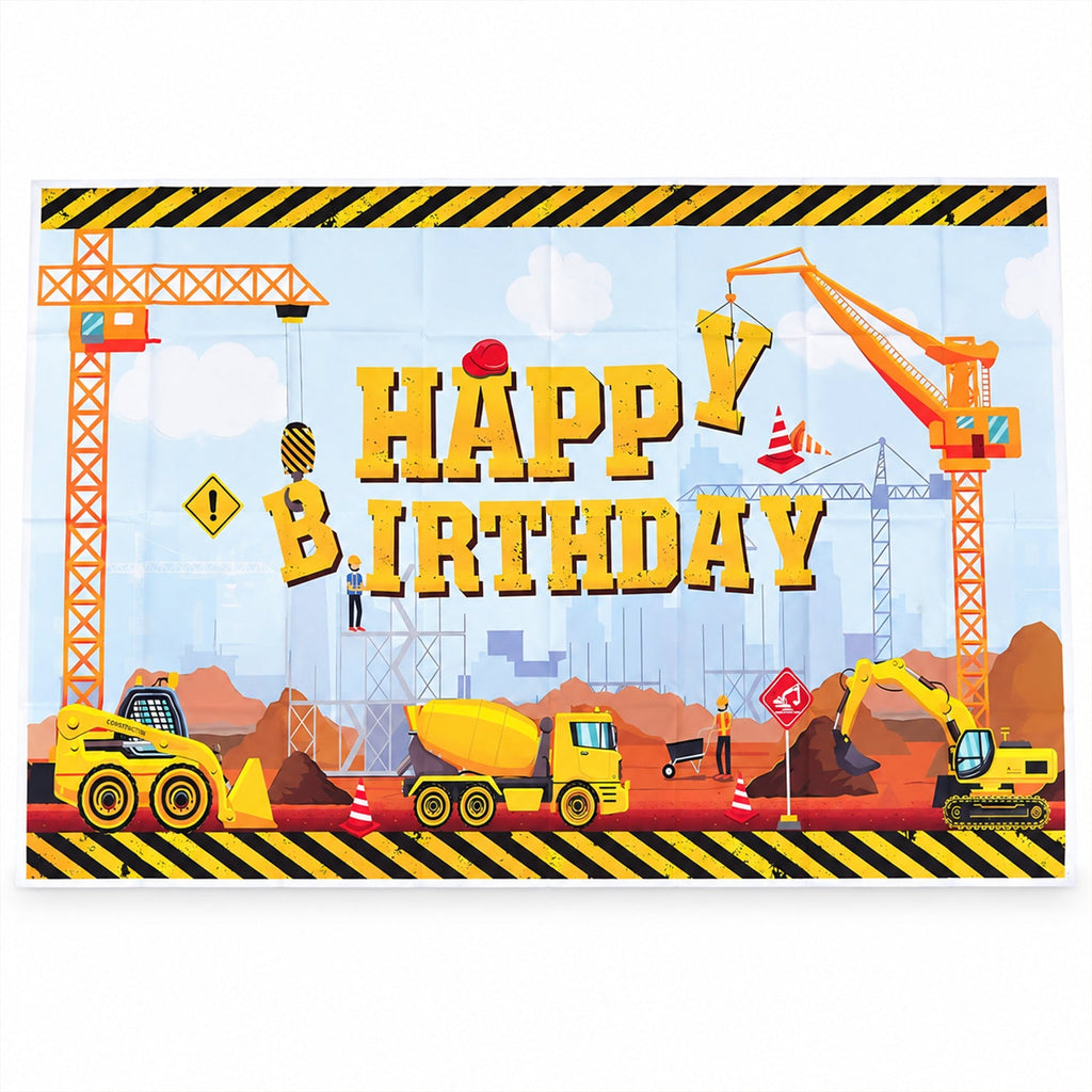 A full view of the construction-themed happy birthday banner featuring cranes, trucks, and warning signs.