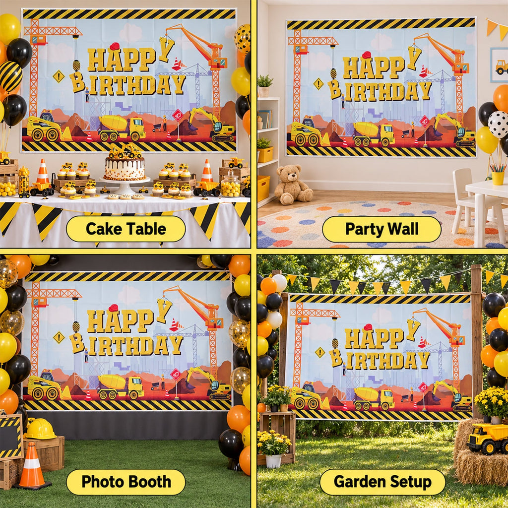 Four different scenes showing the construction-themed birthday banner used as a cake table backdrop, party wall, photo
