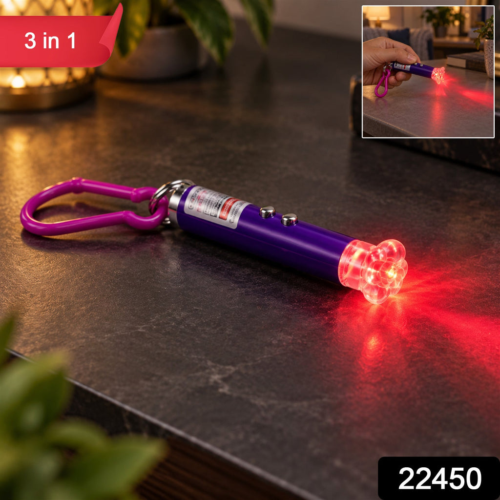 A purple laser pointer keychain with a clear flower cap illuminates a red light pattern on a dark surface, with an inset