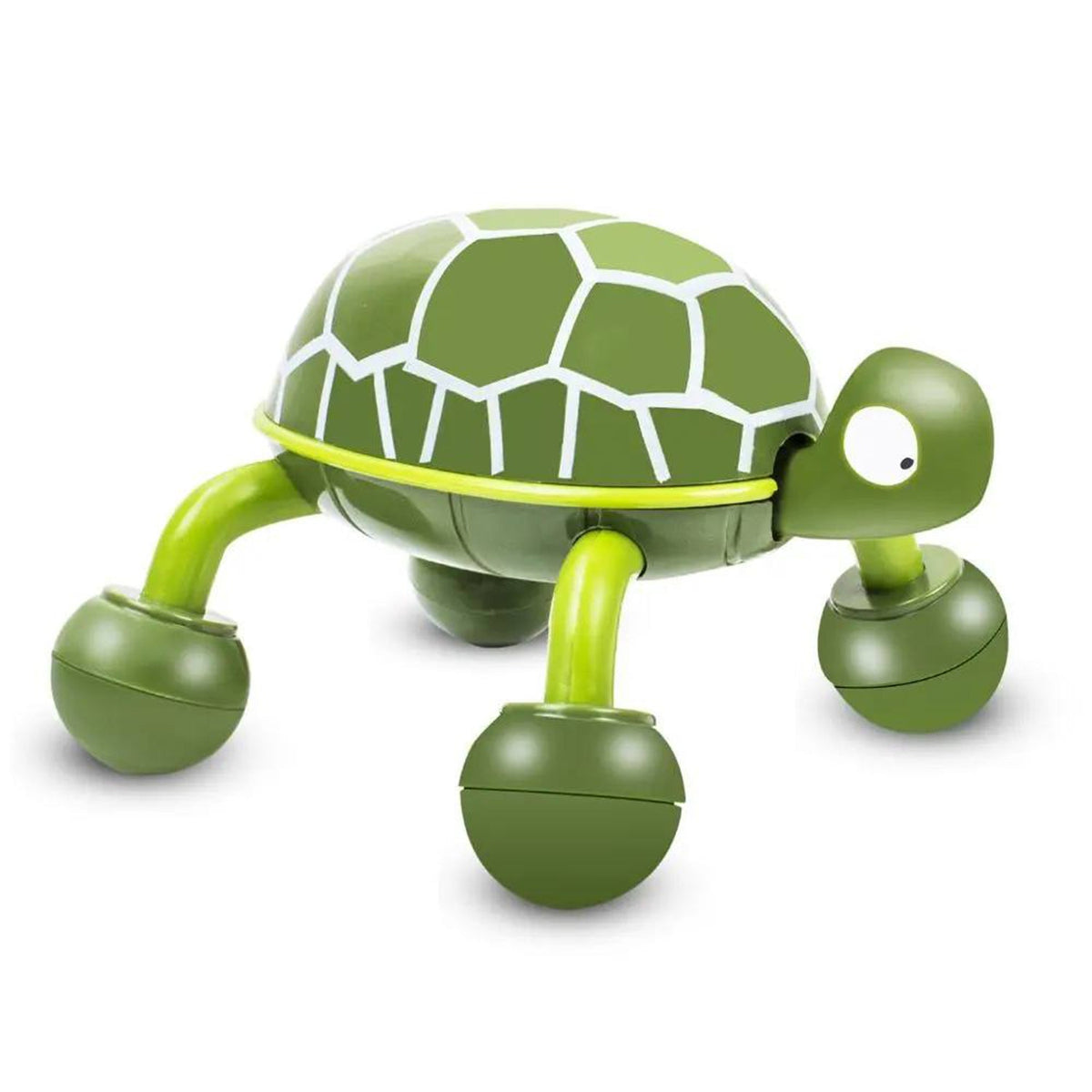 A vibrant green turtle-shaped massager with white hexagonal shell patterns stands on a clean white background.