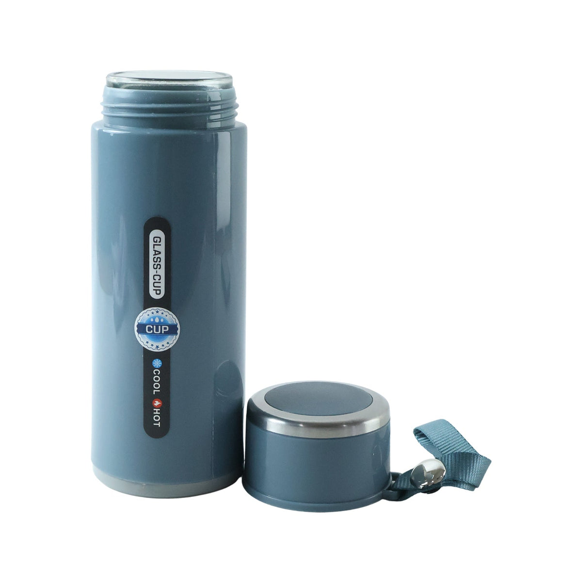 A blue insulated bottle with a silver rim and its detached cap with a strap are shown against a white background.