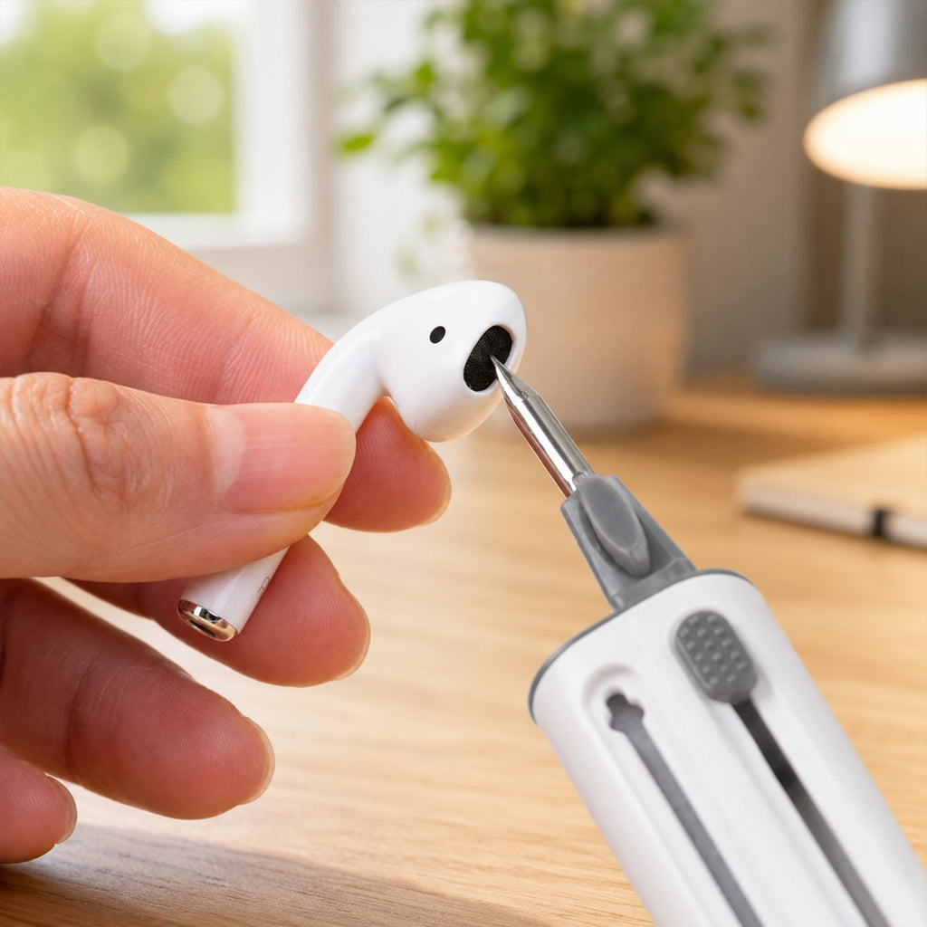 A hand holding a white earbud while the cleaning pen's pointed tool cleans the earbud opening.