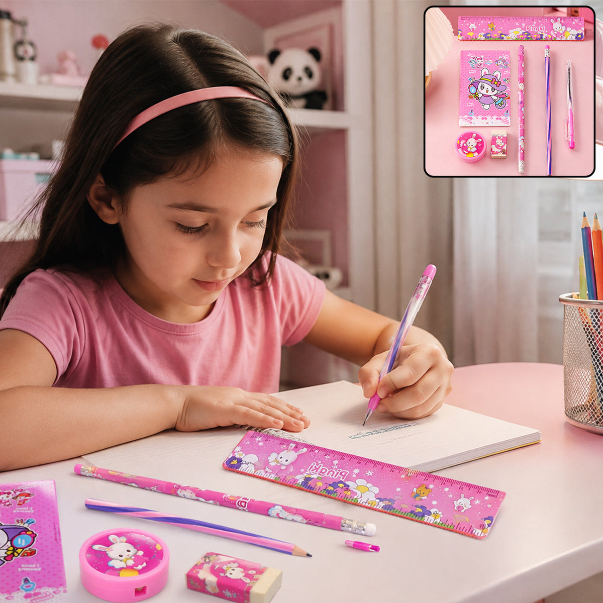 A young girl with dark hair writing in a notebook with a pink pen, surrounded by the matching stationery set on a table.