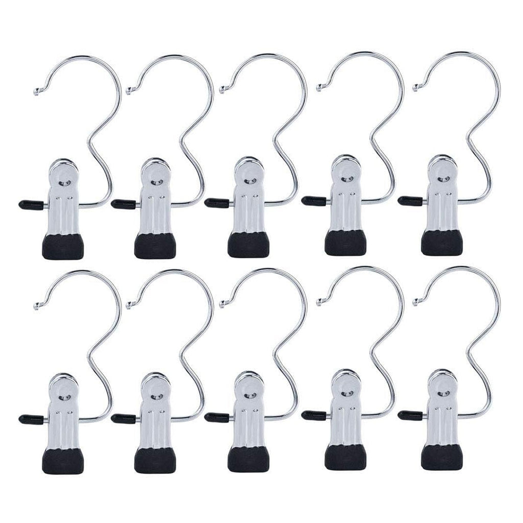 Ten shiny silver metal clip hangers with black rubber tips and S-shaped hooks are arranged in two rows on a white background.