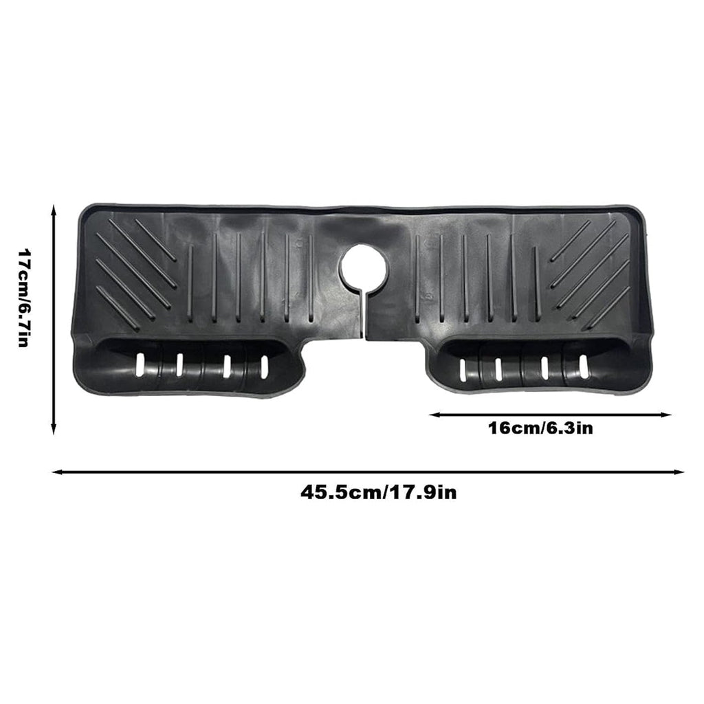 A black silicone faucet splash guard with drainage grooves and two side compartments, displayed with white text showing its