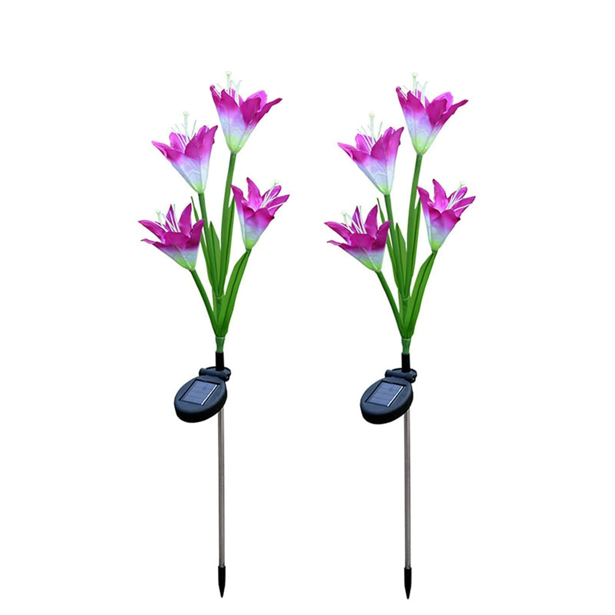 Two purple and white solar flower stake lights are displayed upright on a white background.