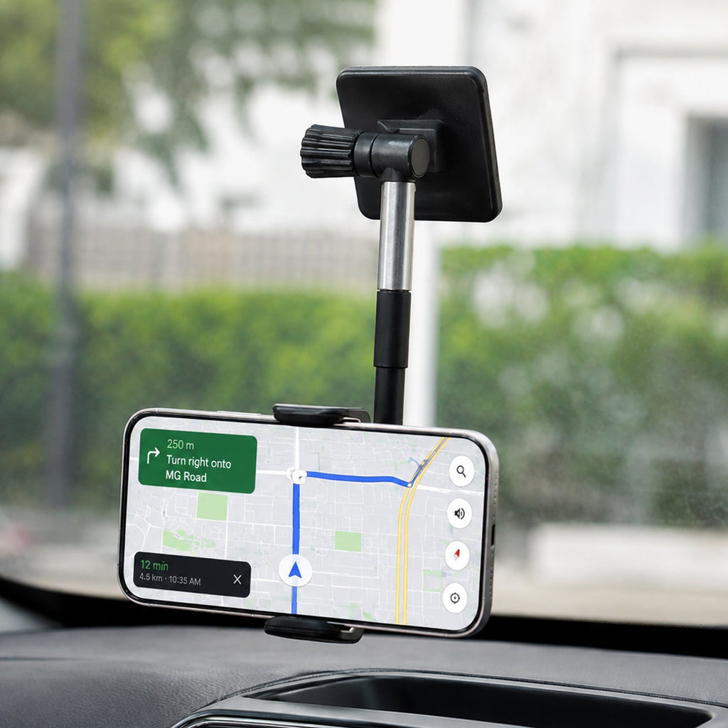 Black and silver car phone holder mounted on a dashboard, displaying a navigation map on a smartphone. – view 8