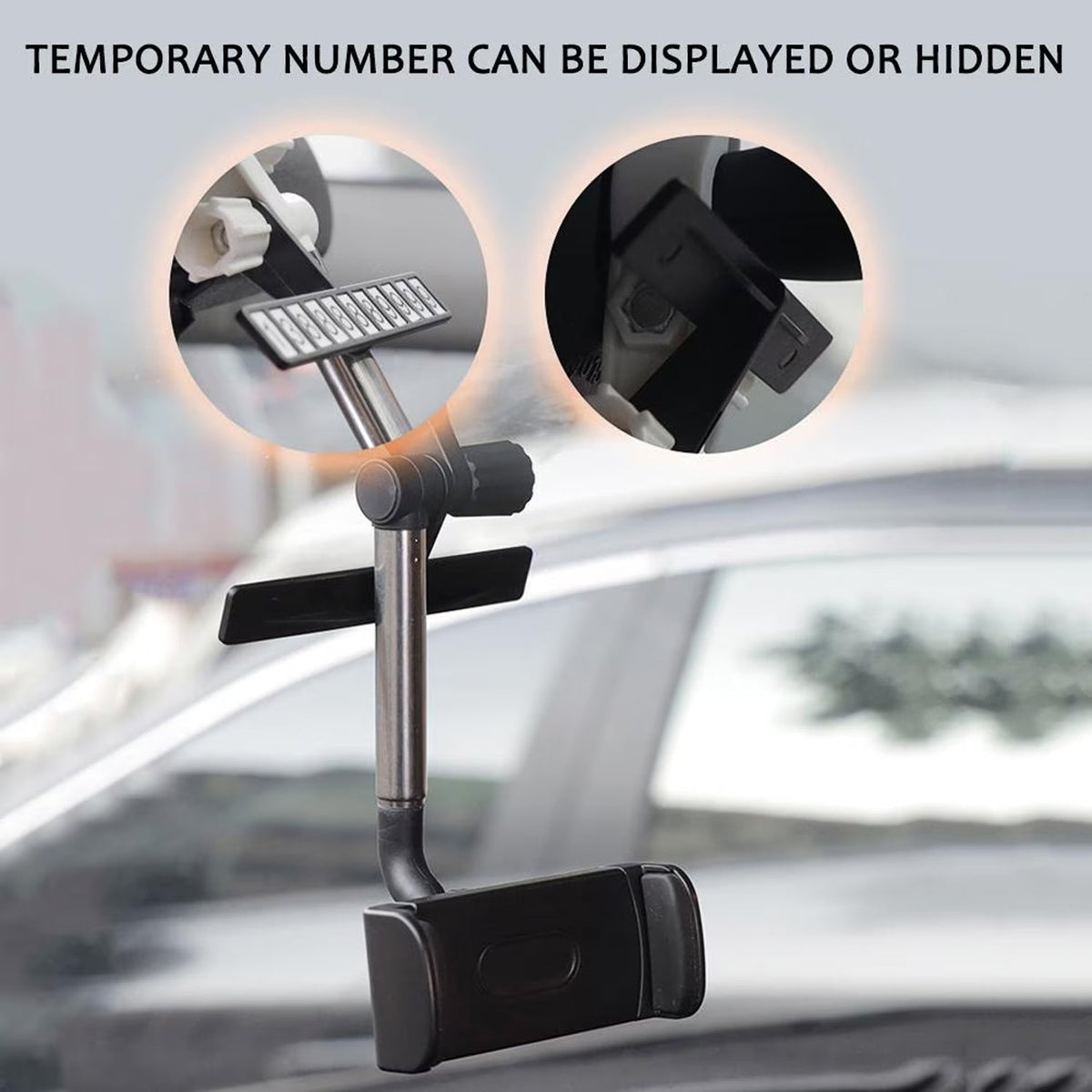 Car phone holder with a temporary number plate feature, shown in two magnified circular insets.