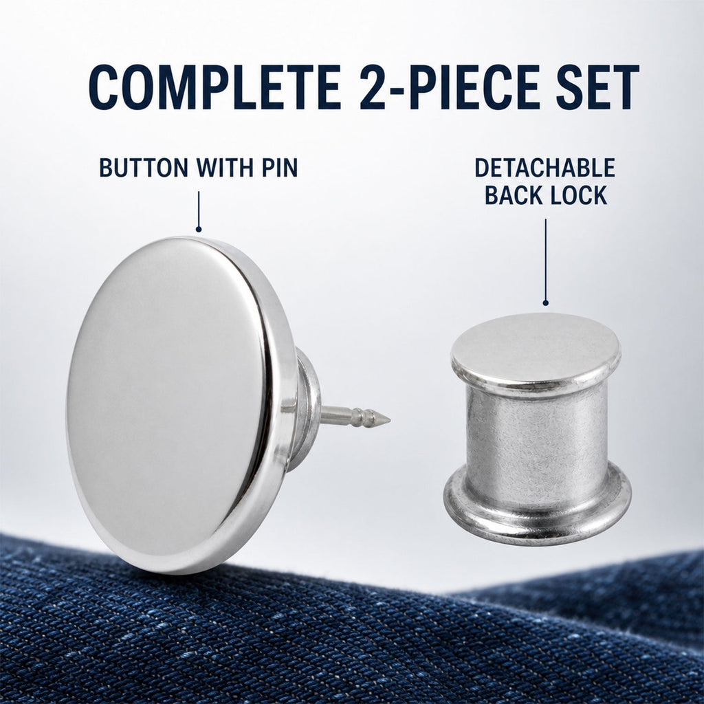 A two-piece set of the silver metal button with pin and its detachable back lock on blue fabric.