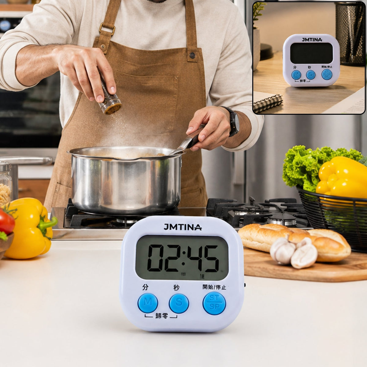 A white digital kitchen timer with blue buttons sits on a kitchen counter, displaying 02:45, with a person cooking in the