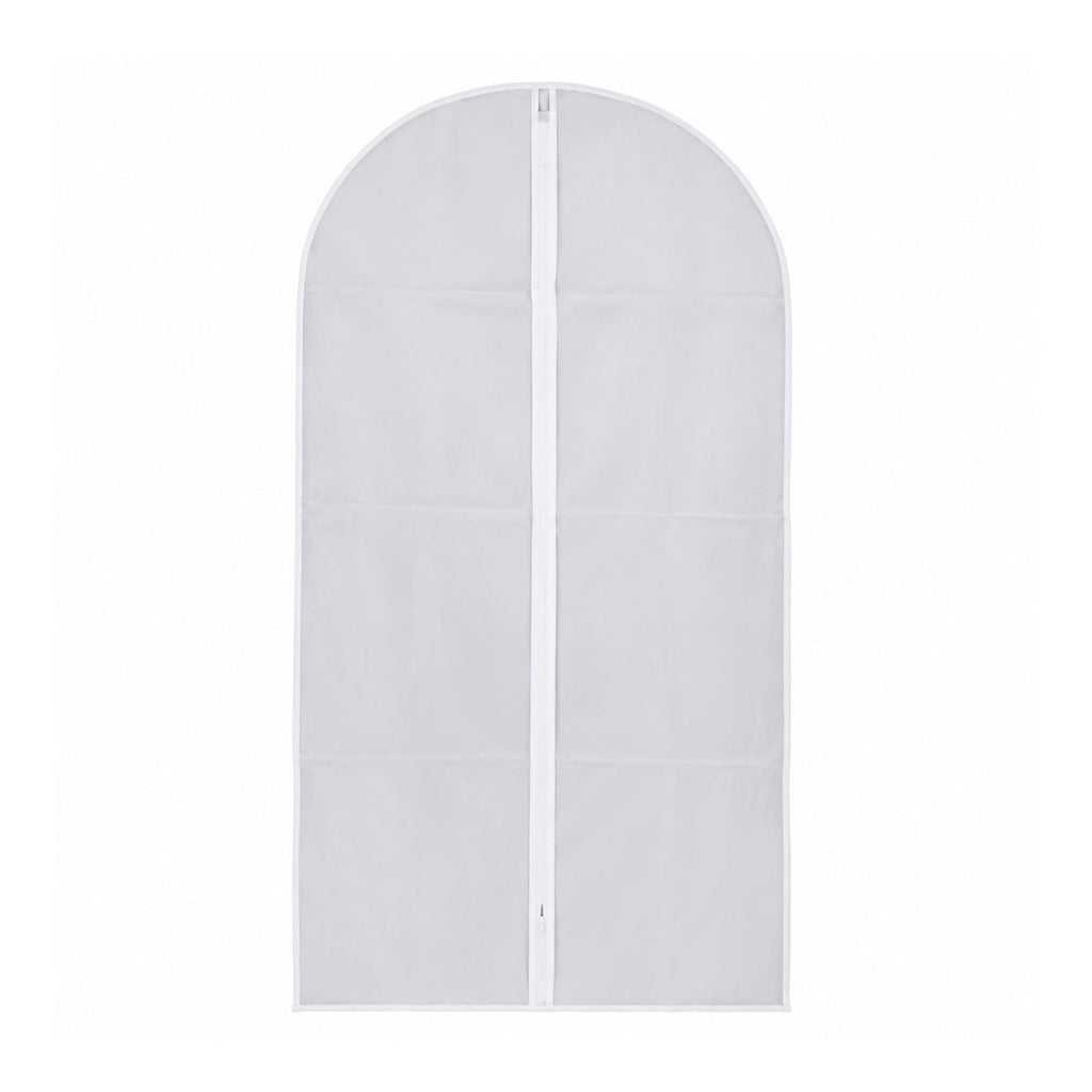 A translucent garment bag with a white zipper on a white background.